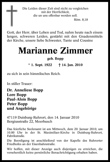 Traueranzeige von Marianne Zimmer von Tageszeitung