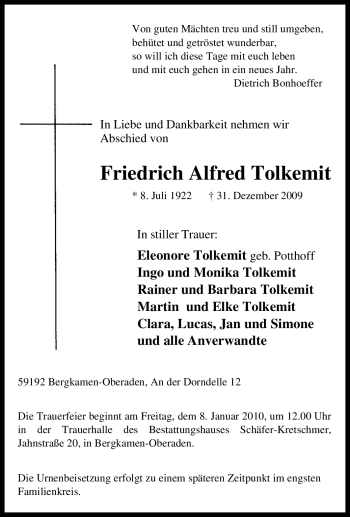 Traueranzeige von Friedrich Alfred Tolkemit von Tageszeitung