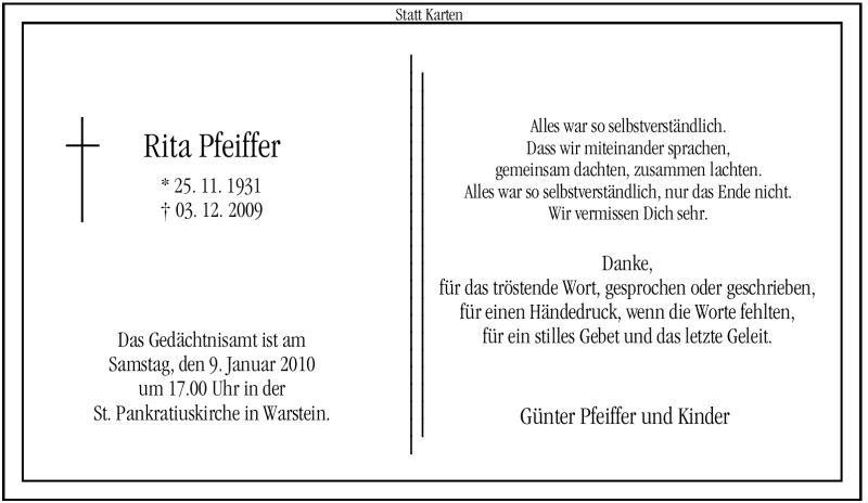  Traueranzeige für Rita Pfeiffer vom 02.01.2010 aus Tageszeitung