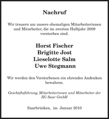 Traueranzeige von Horst Fischer von Tageszeitung
