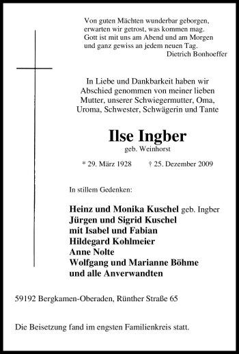 Traueranzeige von Ilse Ingber von Tageszeitung