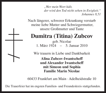 Traueranzeige von Dumitra Zubcov von Tageszeitung