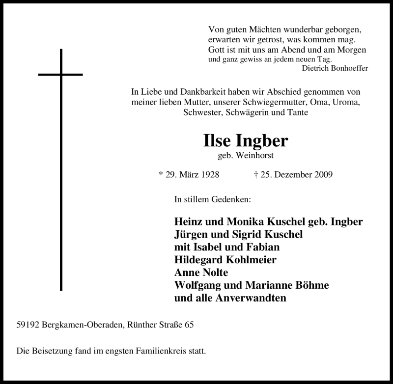 Traueranzeige für Ilse Ingber vom 02.01.2010 aus Tageszeitung