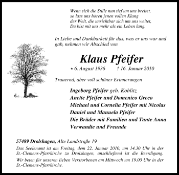 Traueranzeige von Klaus Pfeifer von Tageszeitung