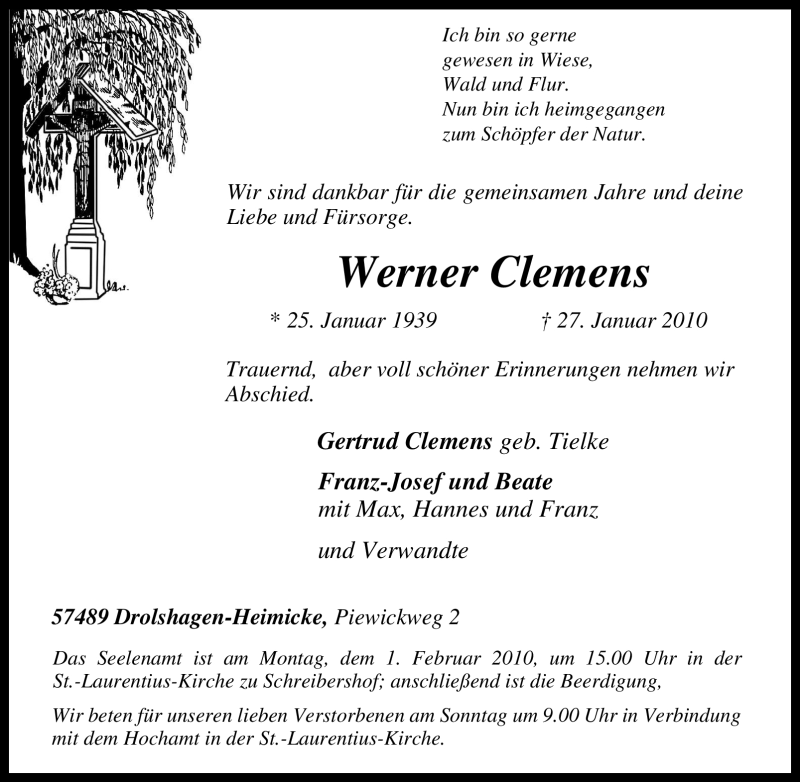  Traueranzeige für Werner Clemens vom 28.01.2010 aus Tageszeitung