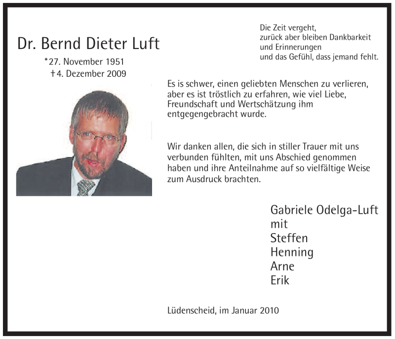  Traueranzeige für Bernd Dieter Luft vom 07.01.2010 aus Tageszeitung