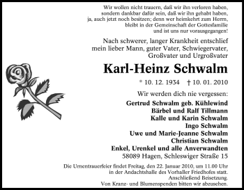 Traueranzeige von Karl-Heinz Schwalm von Tageszeitung