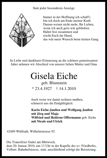 Traueranzeige von Gisela Eiche von Tageszeitung
