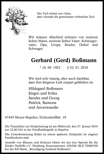 Traueranzeige von Gerhard Boßmann von Tageszeitung