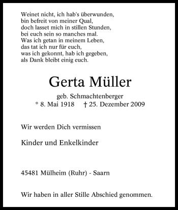Traueranzeige von Gerta Müller von Tageszeitung