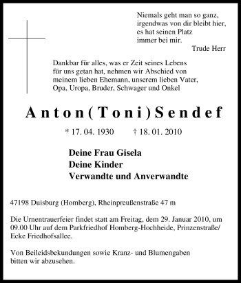 Traueranzeige von Anton Sendef von Tageszeitung