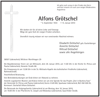 Traueranzeige von Alfons Grötschel von Tageszeitung