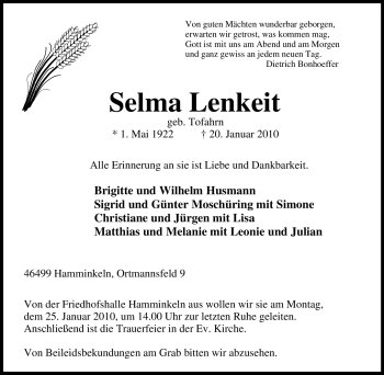 Traueranzeige von Selma Lenkeit von Tageszeitung