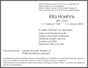 Traueranzeige von Ella Hoehns von Tageszeitung
