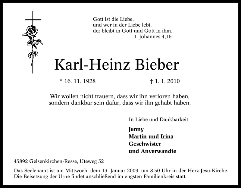  Traueranzeige für Karl-Heinz Bieber vom 09.01.2010 aus Tageszeitung