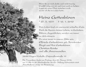Traueranzeige von Heinz Gottesbüren von Tageszeitung