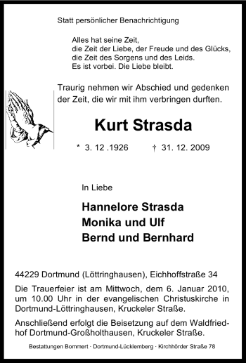 Traueranzeige von Kurt Strasda von Tageszeitung