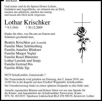 Traueranzeige von Lothar Krischker von Tageszeitung