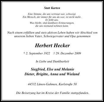 Traueranzeige von Herbert Hecker von Tageszeitung