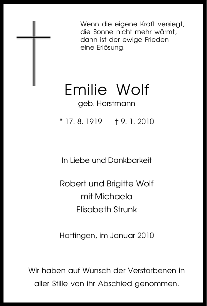 Traueranzeigen von Emilie Wolf TrauerinNRW.de