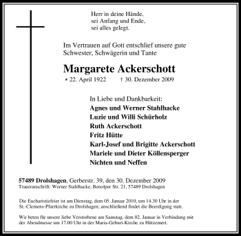 Traueranzeige von Margarete Ackerschott von Tageszeitung