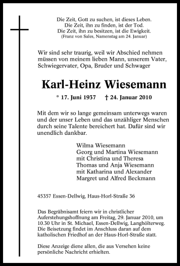 Traueranzeige von Karl-Heinz Wiesemann von Tageszeitung