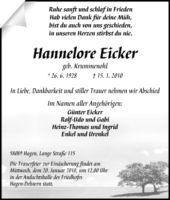 Traueranzeige von Hannelore Eicker von Tageszeitung