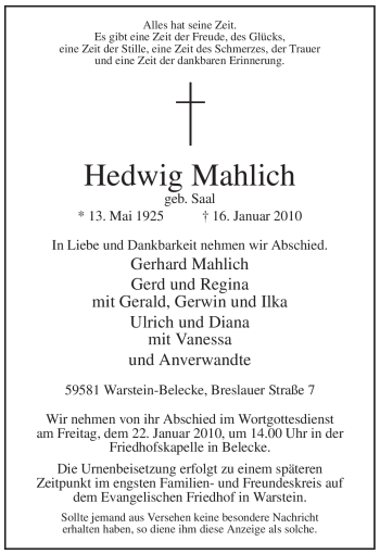 Traueranzeige von Hedwig Mahlich von Tageszeitung