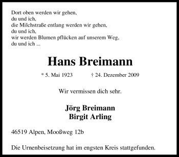 Traueranzeige von Hans Breimann von Tageszeitung