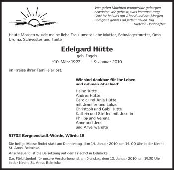 Traueranzeige von Edelgard Hütte von Tageszeitung
