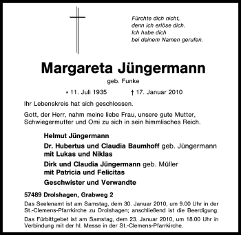 Traueranzeige von Margareta Jüngermann von Tageszeitung