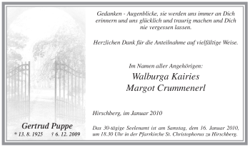 Traueranzeige von Gertrud Puppe von Tageszeitung