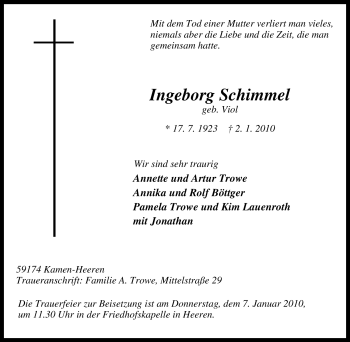 Traueranzeige von Ingeborg Schimmel von Tageszeitung