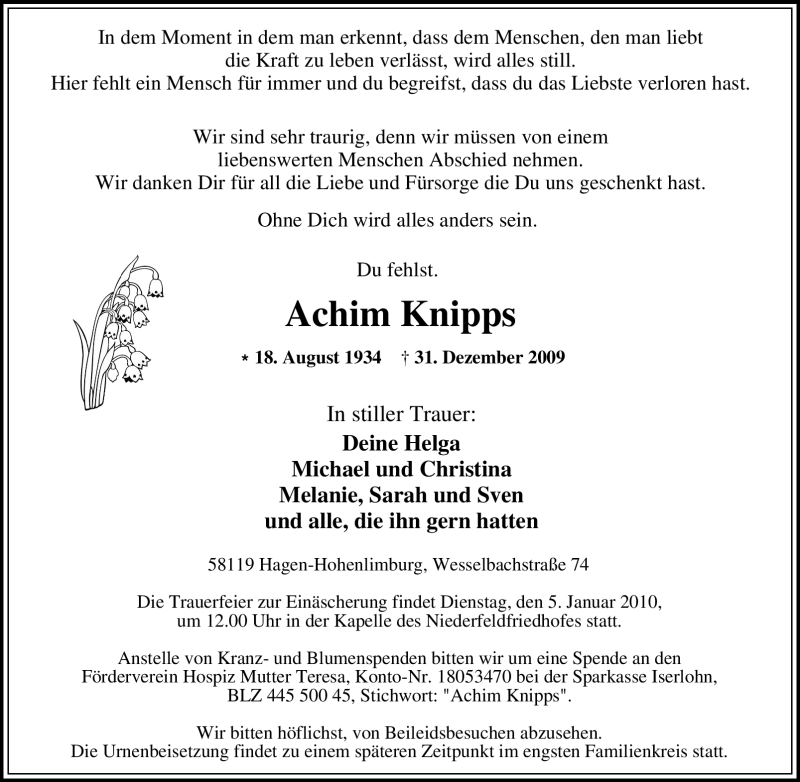  Traueranzeige für Achim Knipps vom 02.01.2010 aus Tageszeitung