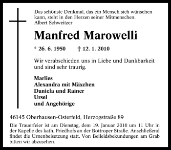 Traueranzeige von Manfred Marowelli von Tageszeitung