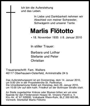 Traueranzeige von Marlis Flötotto von Tageszeitung