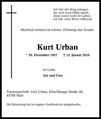 Traueranzeige von Kurt Urban von Tageszeitung