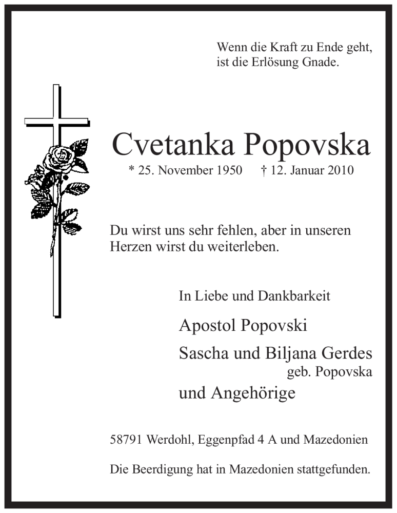  Traueranzeige für Cvetanka Popovska vom 16.01.2010 aus Tageszeitung