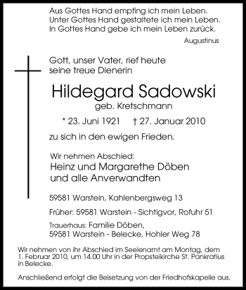 Traueranzeige von Hildegard Sadowski von Tageszeitung