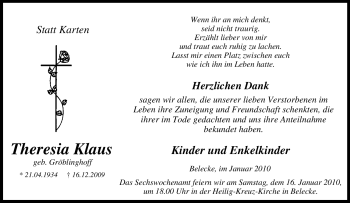 Traueranzeige von Theresia Klaus von Tageszeitung