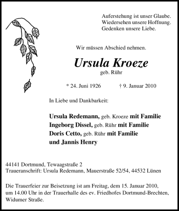 Traueranzeige von Ursula Kroeze von Tageszeitung