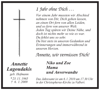 Traueranzeige von Annette Lagoudakis von Tageszeitung