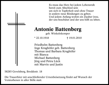 Traueranzeige von Antonie Battenberg von Tageszeitung