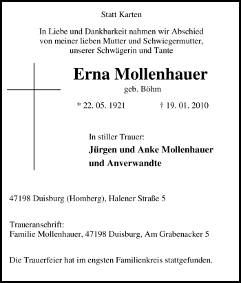 Traueranzeige von Erna Mollenhauer von Tageszeitung