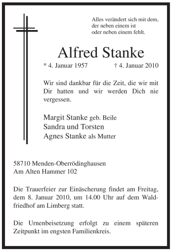 Traueranzeige von Alfred Stanke von Tageszeitung