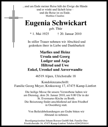 Traueranzeige von Eugenia Schwickart von Tageszeitung