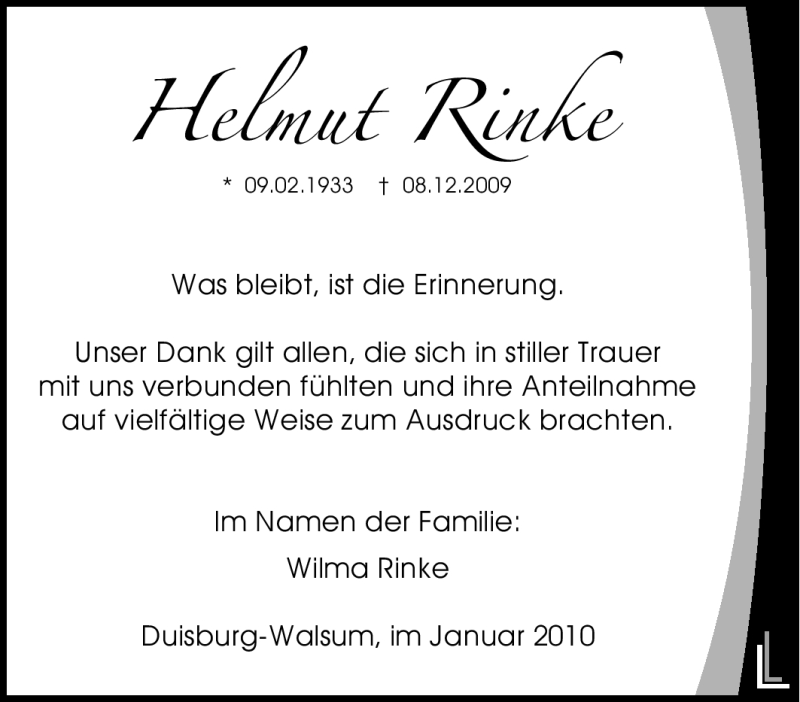  Traueranzeige für Helmut Rinke vom 11.01.2010 aus Tageszeitung