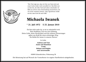 Traueranzeige von Michaela Iwanek von Tageszeitung