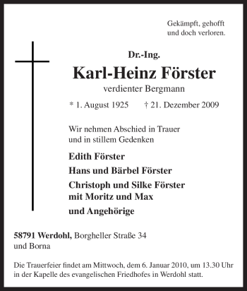 Traueranzeige von Karl-Heinz Förster von Tageszeitung