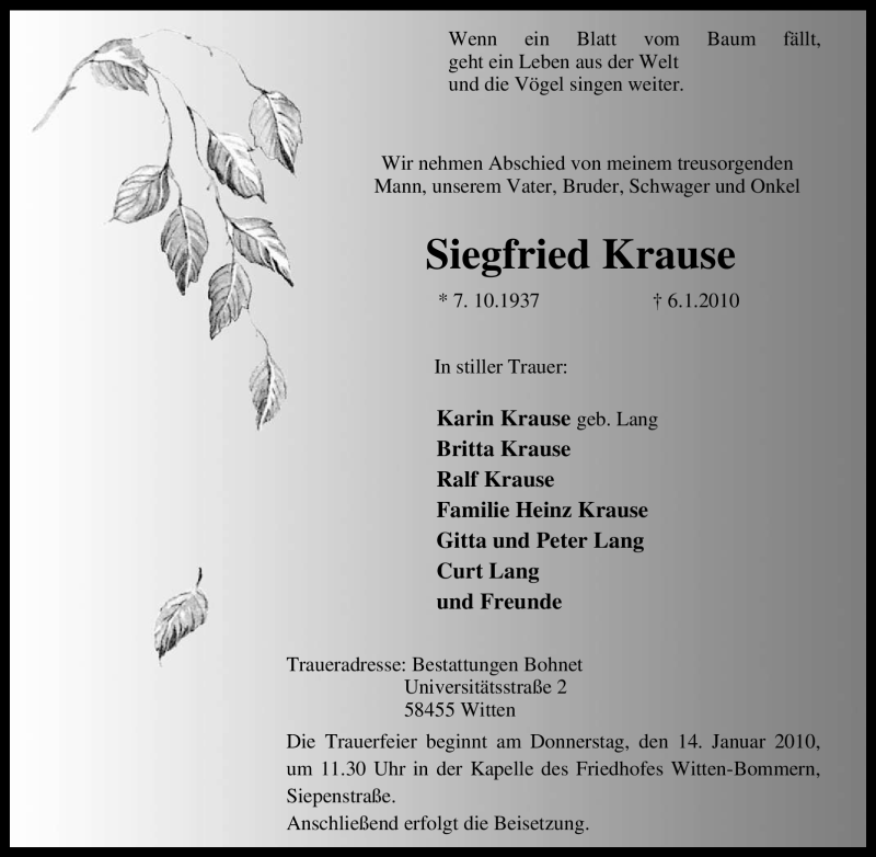  Traueranzeige für Siegfried Krause vom 12.01.2010 aus Tageszeitung